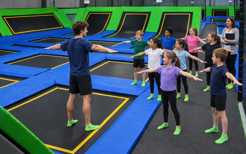 Klasa robi rozgrzewkę z trenerem w hali trampolin, nauczycielka stoi z boku (obraz wygenerowany przez AI)
