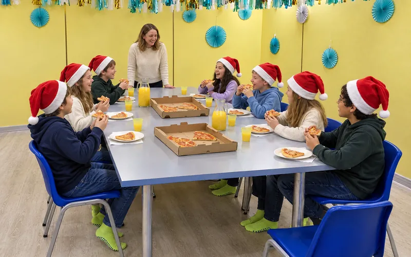 Klasa w czapkach Mikołaja je pizzę w sali urodzinowej po skakaniu (obraz wygenerowany przez AI)